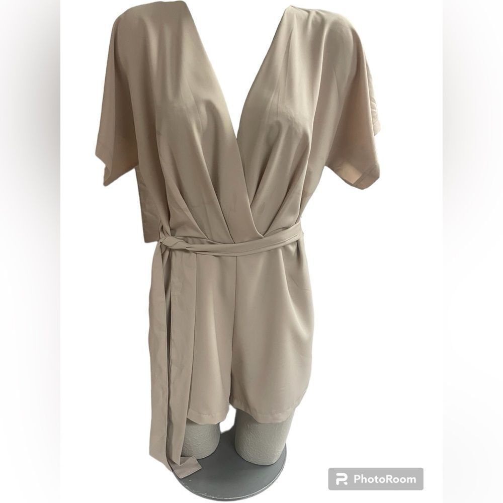 She + Sky wrap front short sleeve romper, beige with tie belt, Size M